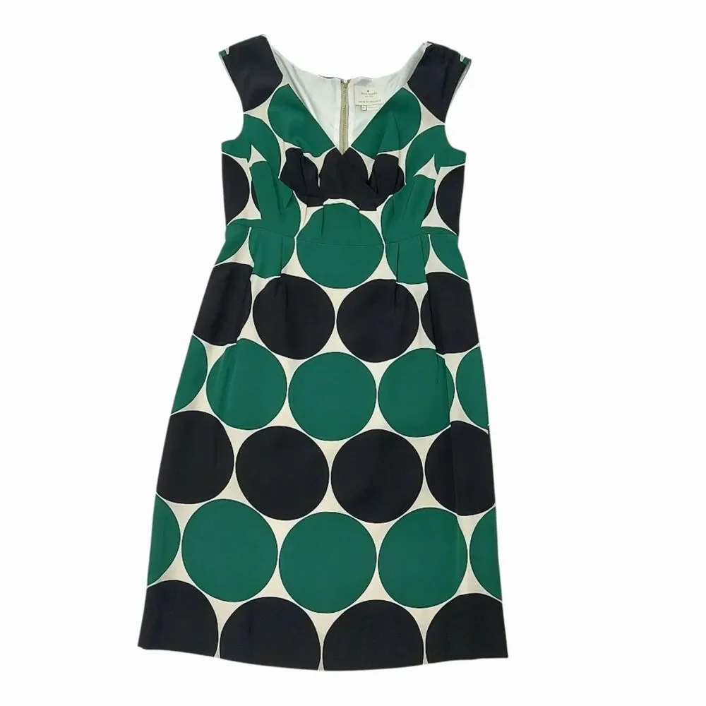 Kate Spade New York Womens 8 Green Black Polka Dot Silk Lined Midi Dress Luxury